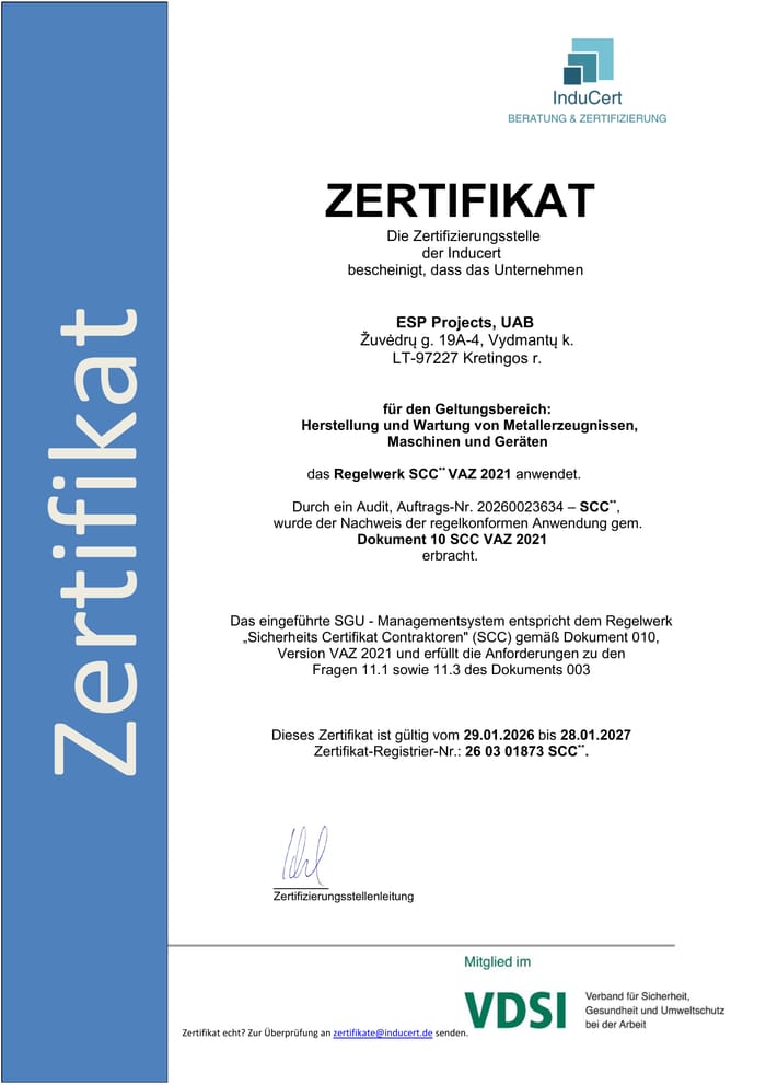 InduCert SCC** VAZ 2021 Zertifikat for ESP Projects, UAB